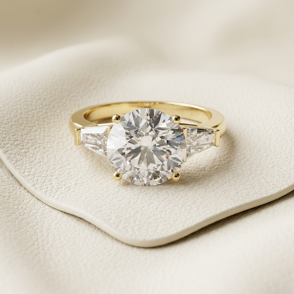 Round Lab Grown Diamond Three Stone Engagement Ring with Baguette Side Stones