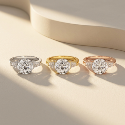 Round Lab Grown Diamond Three Stone Engagement Ring with Baguette Side Stones