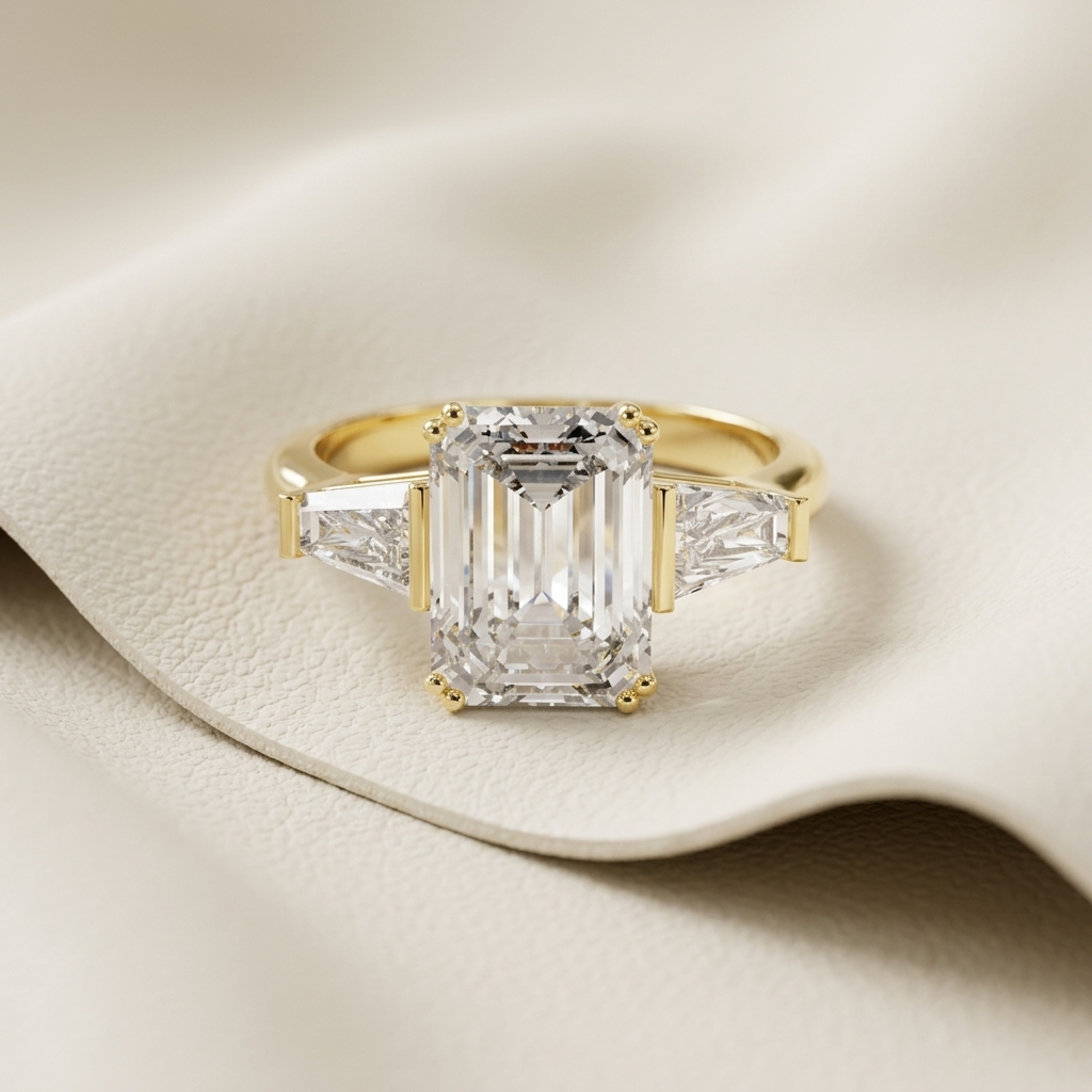 Emerald Cut Three Stone Lab Grown Diamond Engagement Ring with Tapered Baguette Side Stones