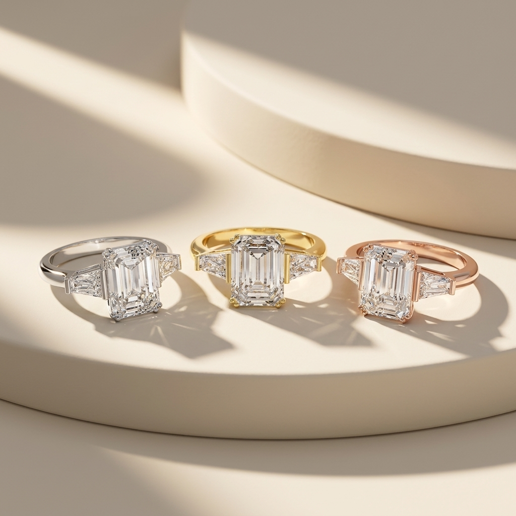 Emerald Cut Three Stone Lab Grown Diamond Engagement Ring with Tapered Baguette Side Stones