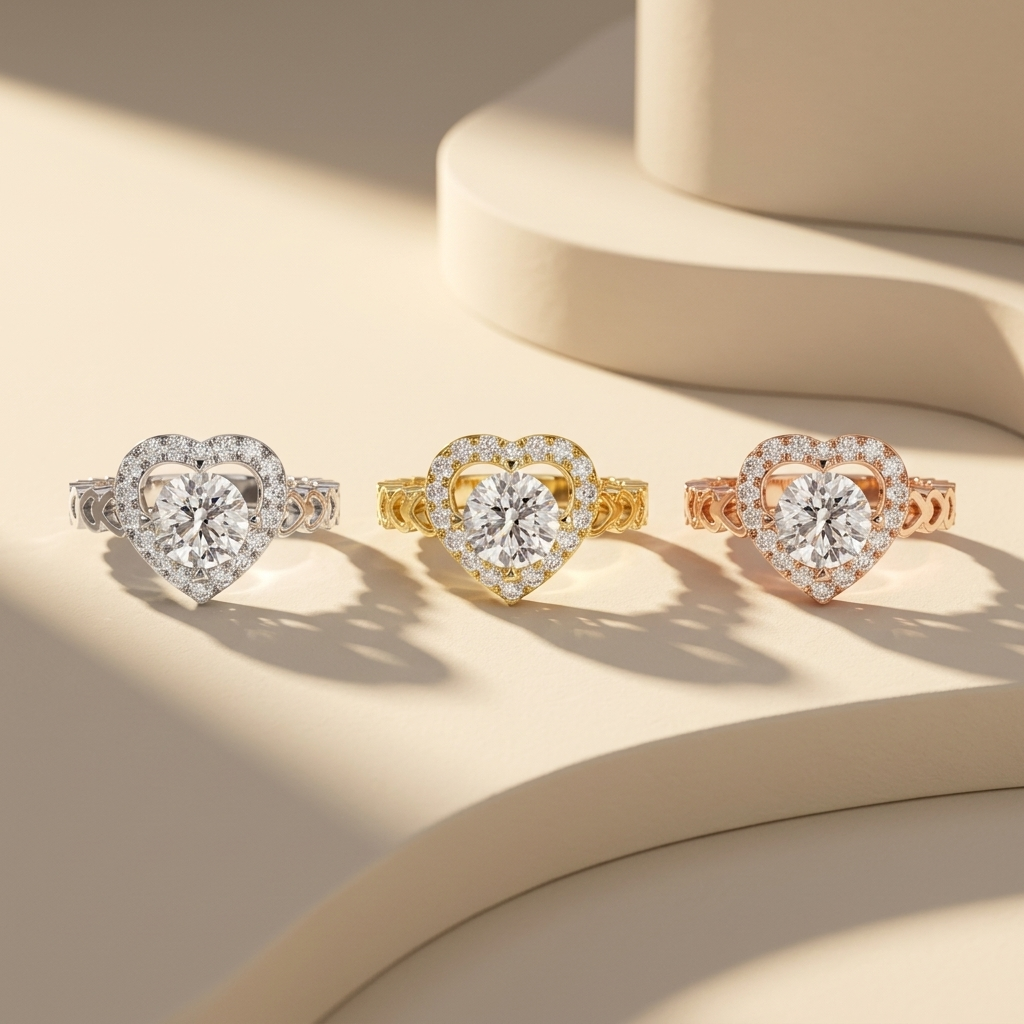 Runder Diamantring mit Herz-Halo-Design | Liebe in voller Blüte