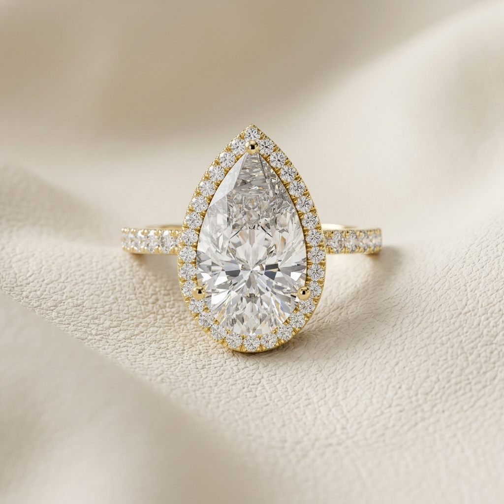 Birnenförmiger Diamant-Halo-Ring mit Pavé-Band | Brillante Tränen