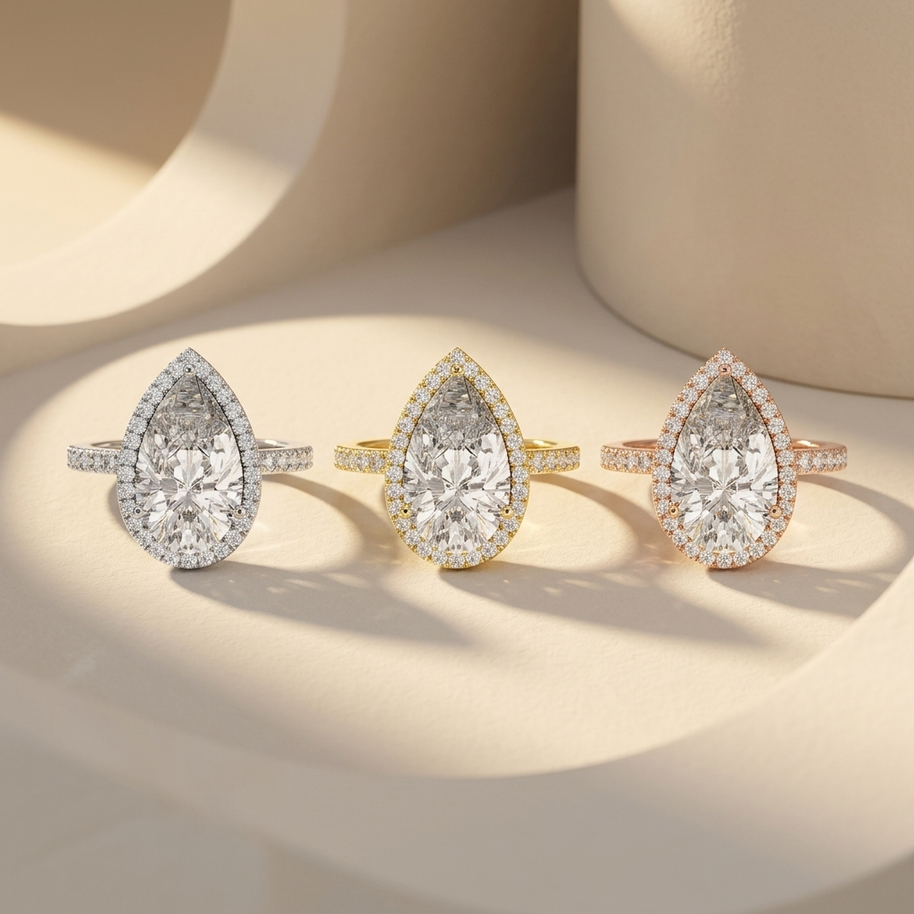 Birnenförmiger Diamant-Halo-Ring mit Pavé-Band | Brillante Tränen
