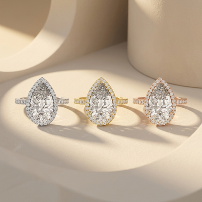 Birnenförmiger Diamant-Halo-Ring mit Pavé-Band | Brillante Tränen