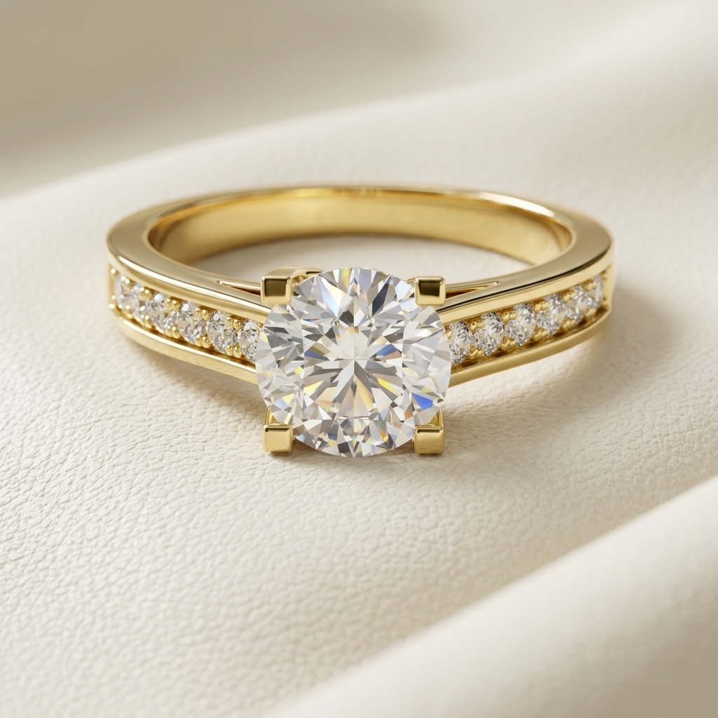 18K Gold Round Lab Grown Diamond Pavé Split Shank Engagement Ring