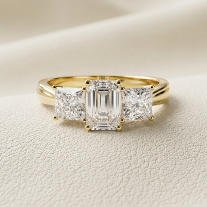 14K Gold Emerald & Princess Cut Three Stone Lab Grown Diamond Engagement Ring
