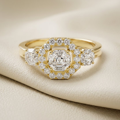 14K Gold Octagon Halo Three Stone Lab Grown Diamond Engagement Ring