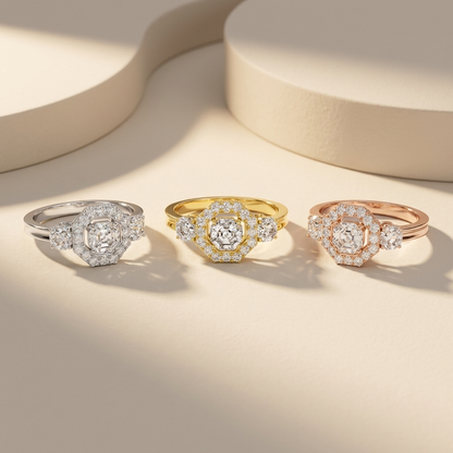 14K Gold Octagon Halo Three Stone Lab Grown Diamond Engagement Ring