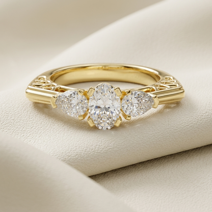 14K Gold Oval & Pear Three Stone Lab Grown Diamond Engagement Ring