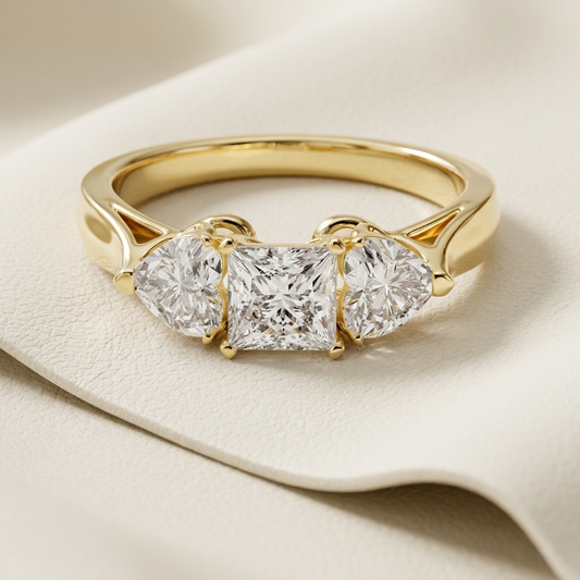 14K Gold Princess & Heart Three Stone Lab Grown Diamond Engagement Ring