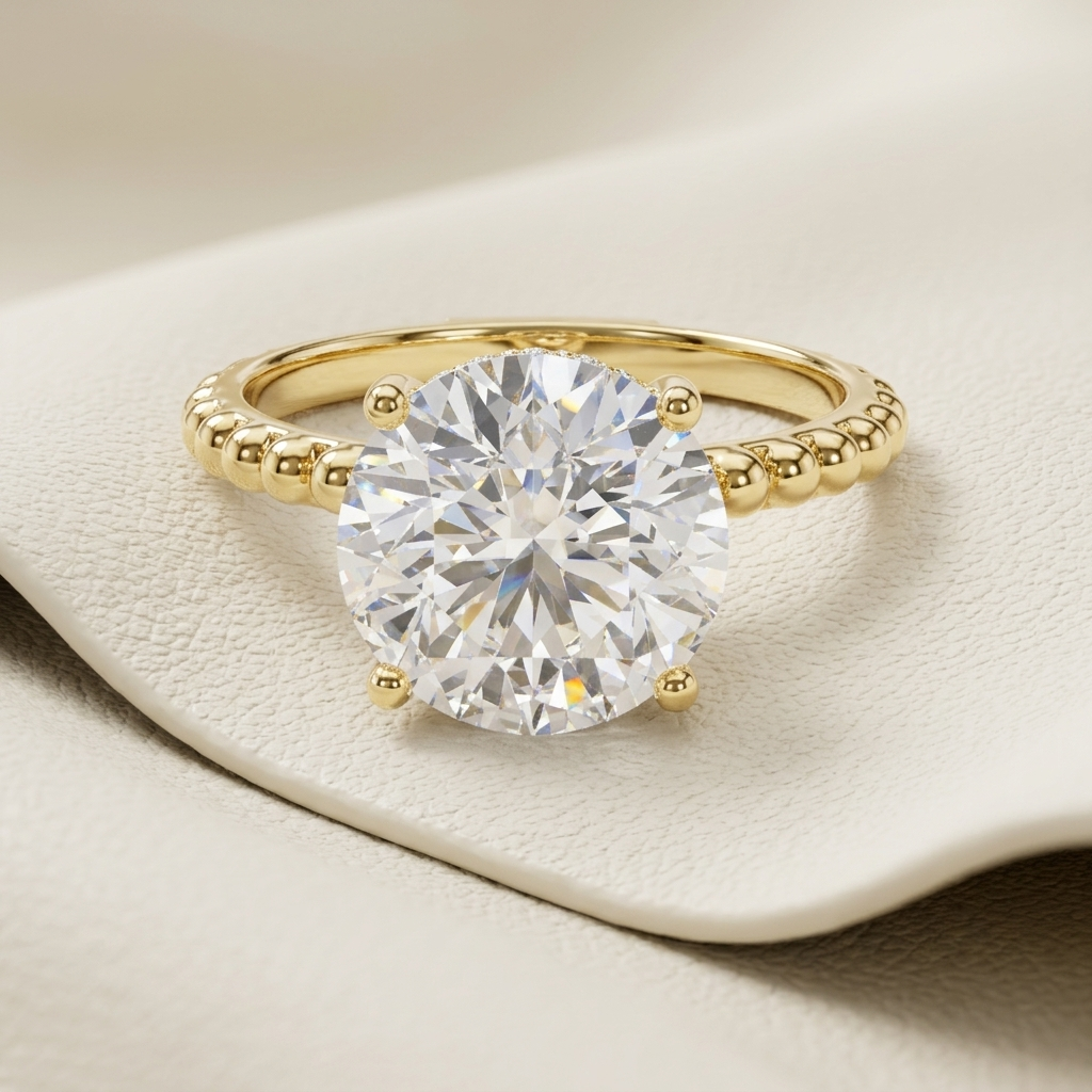 14K Gold Beaded Solitaire Lab Grown Diamond Engagement Ring