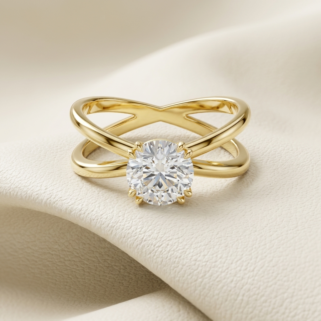 14K Gold Criss Cross Round Solitaire Lab Grown Diamond Engagement Ring