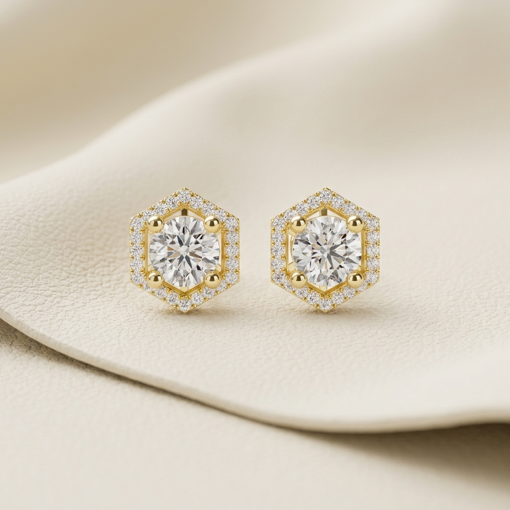 Hexagon Halo Round Lab Grown Diamond Stud Earrings