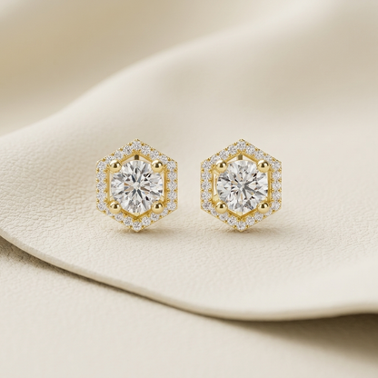 Hexagon Halo Round Lab Grown Diamond Stud Earrings