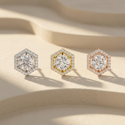 Hexagon Halo Round Lab Grown Diamond Stud Earrings