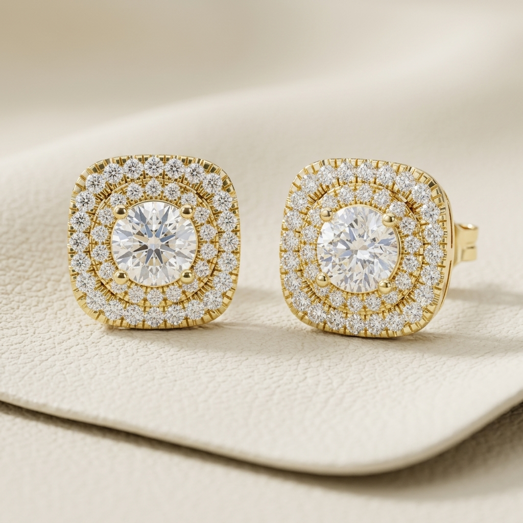 Runde Diamant-Ohrstecker mit doppeltem Halo und Krappenfassung | 18K Gold