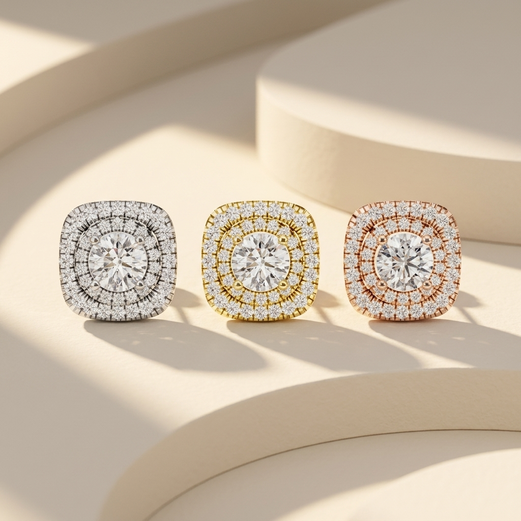 Runde Diamant-Ohrstecker mit doppeltem Halo und Krappenfassung | 18K Gold