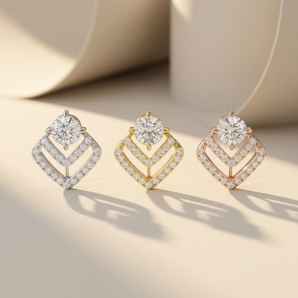 Chevron Double Halo Round Lab Grown Diamond Stud Earrings