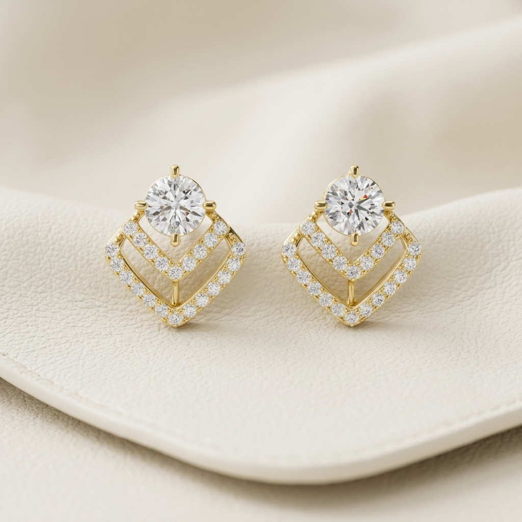 Chevron Double Halo Round Lab Grown Diamond Stud Earrings