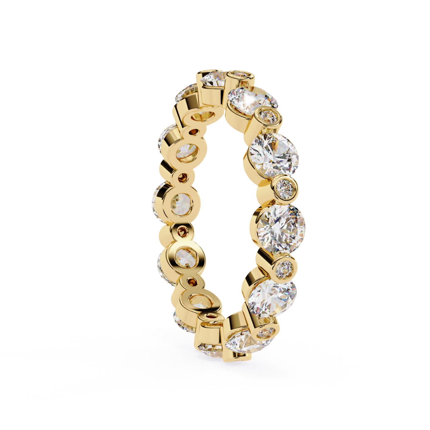 Angled side view of a yellow gold eternity band with round diamonds in bezel settings