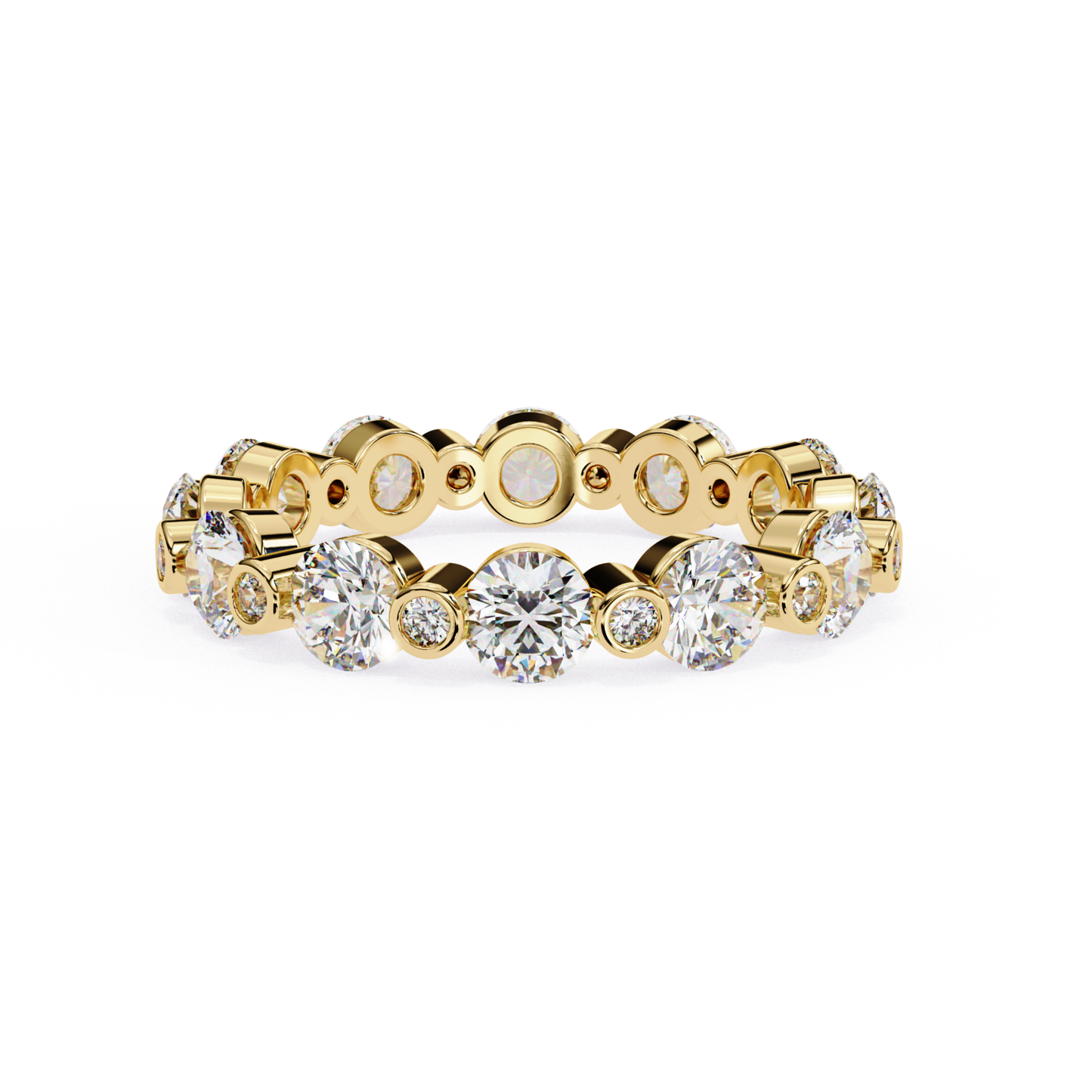 Front view of a rose gold eternity band with round cut diamonds set in a continuous row