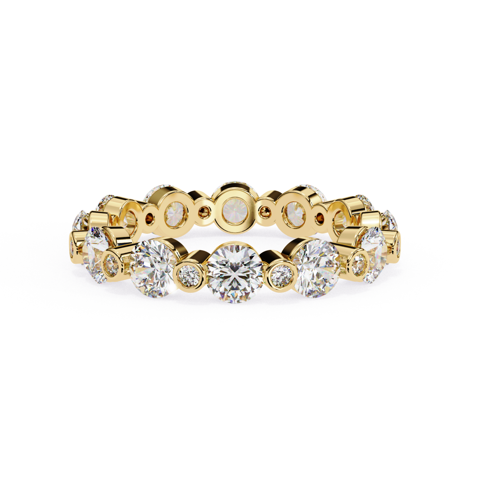 Front view of a rose gold eternity band with round cut diamonds set in a continuous row