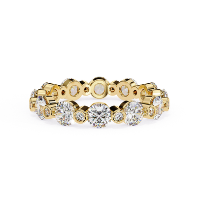 Front view of a rose gold eternity band with round cut diamonds set in a continuous row