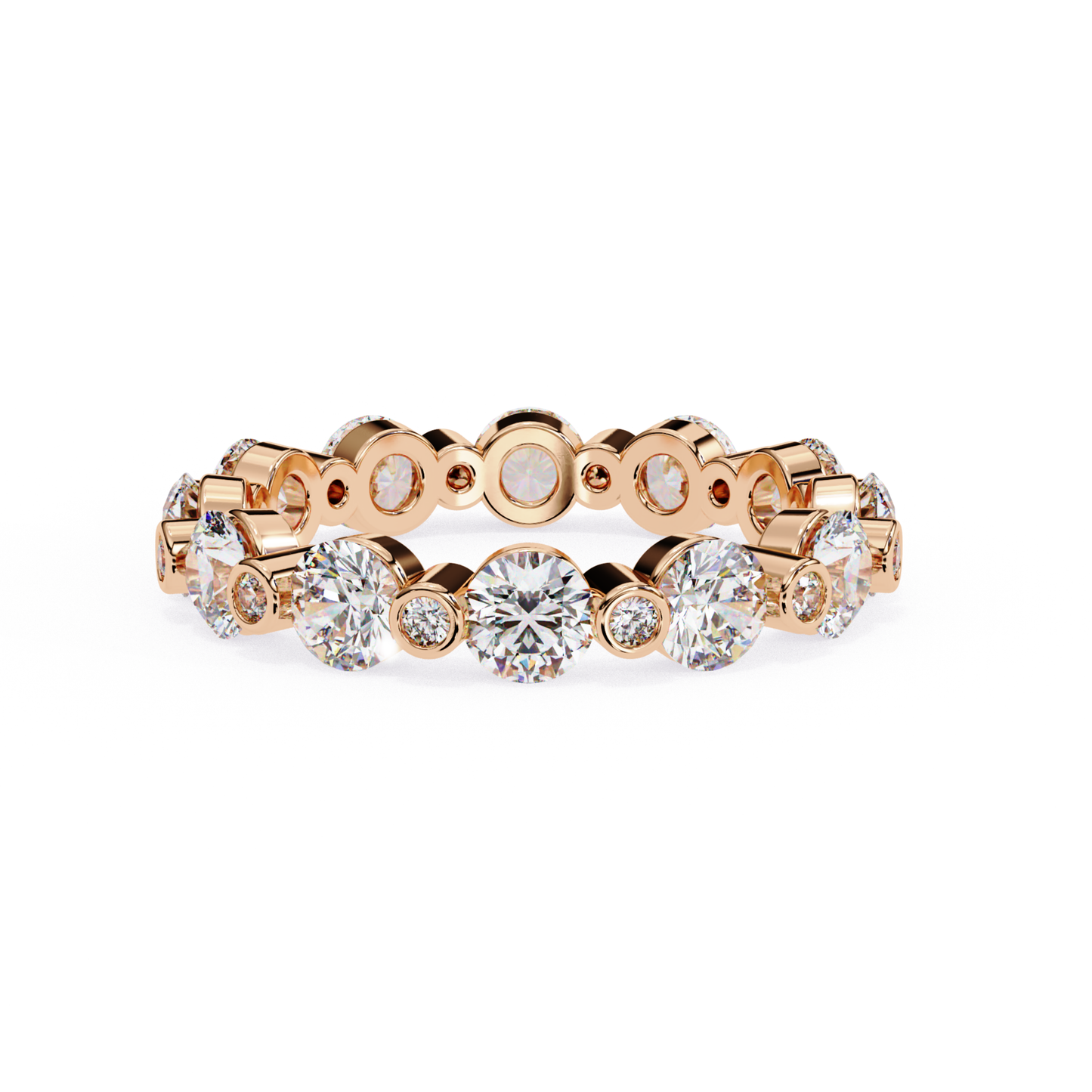 Front view of a yellow gold eternity band with round cut diamonds across the band