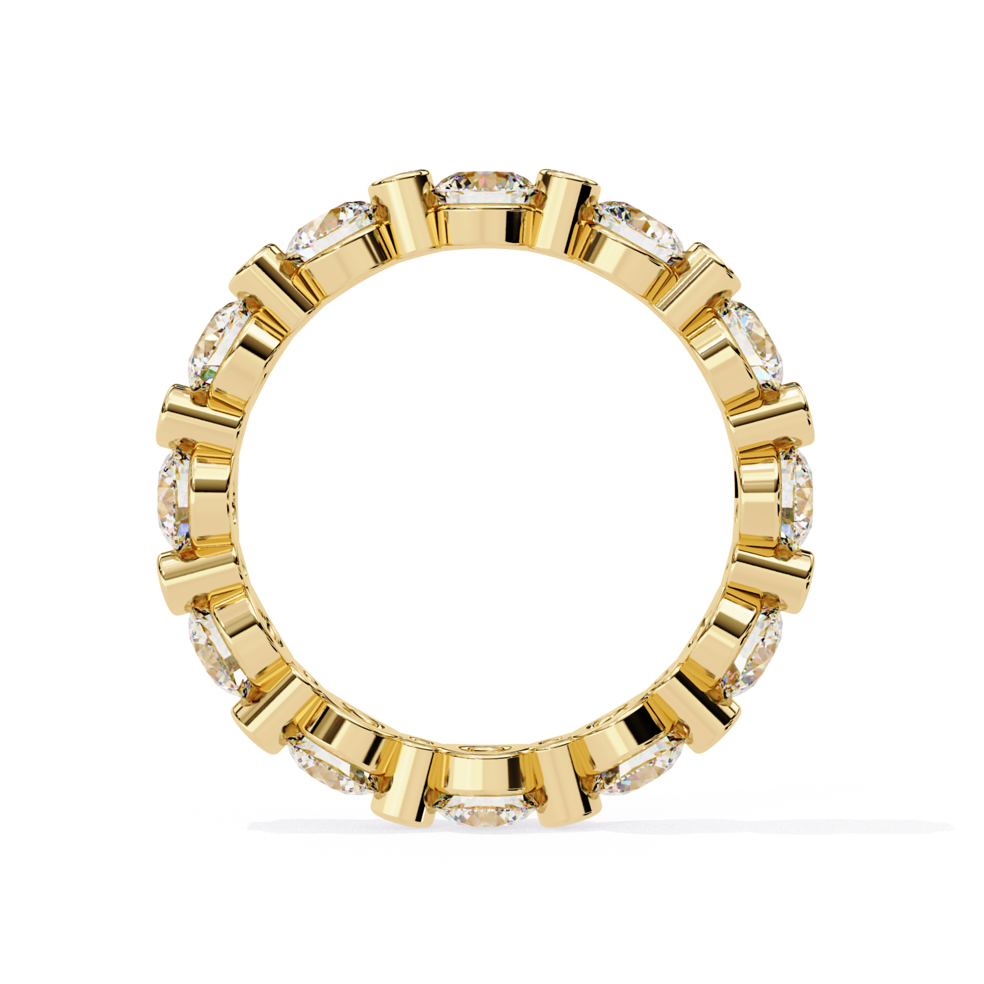 Inside view of a rose gold eternity band with round diamonds set around the ring
