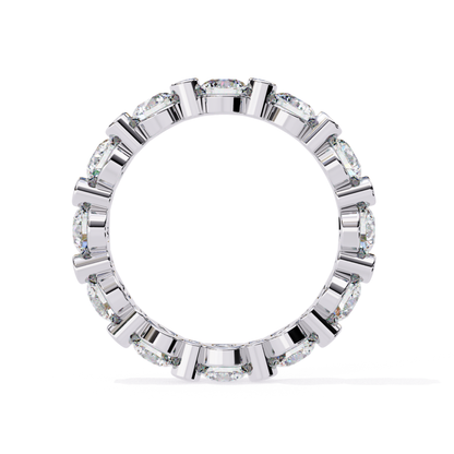 Inside view of a white gold eternity band featuring round cut diamonds
