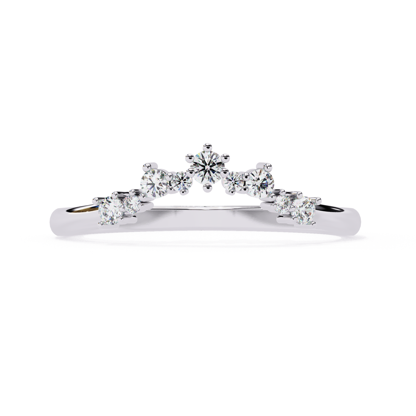 gold curved diamond wedding band side view
White gold contour diamond wedding band profile
White curved diamond band side view
 diamond wedding band prong setting side